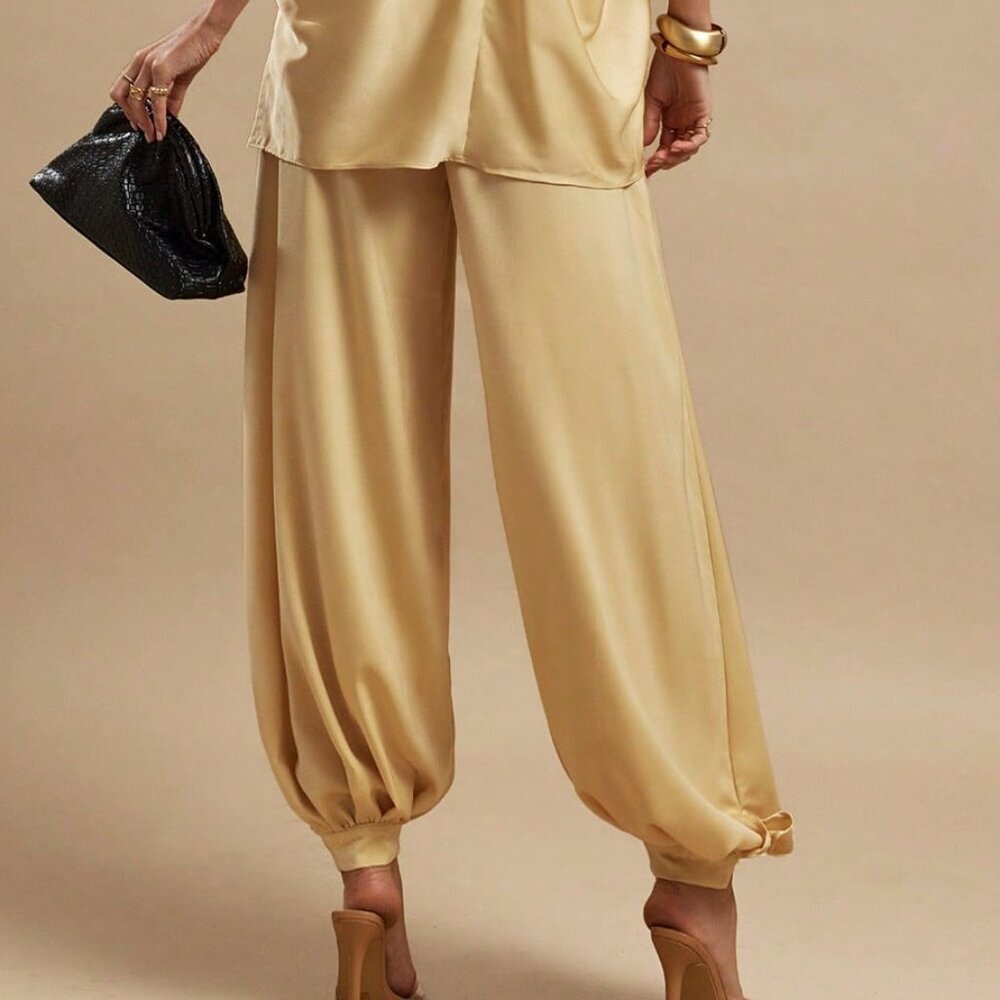 Yellow Casual Women's Satin Pant Set - Picture 3 of 7